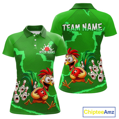 Green Funny Chicken Bowling Team Shirt For Women, Rooster Bowling Jerseys Polo & 1/4 Zip HNT528