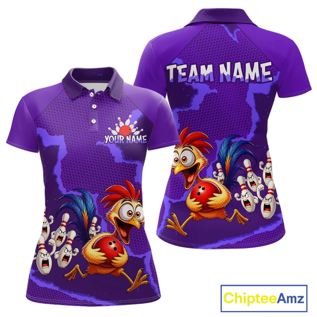 Purple Funny Chicken Bowling Team Shirt For Women, Rooster Bowling Jerseys Polo & 1/4 Zip HNT528