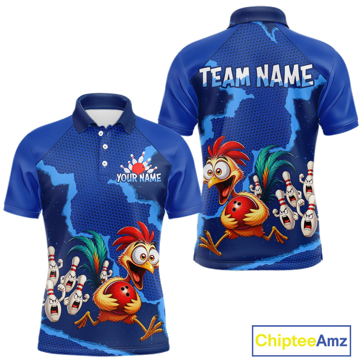 Blue Funny Chicken Bowling Team Shirt For Men, Rooster Bowling Jerseys Polo & 1/4 Zip HNT528