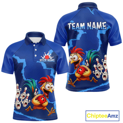 Blue Funny Chicken Bowling Team Shirt For Men, Rooster Bowling Jerseys Polo & 1/4 Zip HNT528