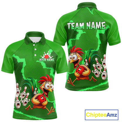 Green Funny Chicken Bowling Team Shirt For Men, Rooster Bowling Jerseys Polo & 1/4 Zip HNT528
