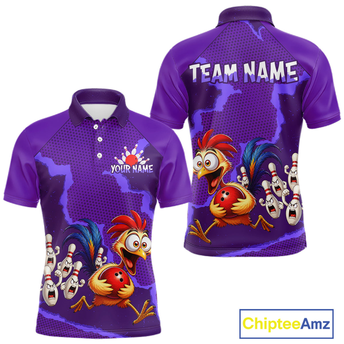 Purple Funny Chicken Bowling Team Shirt For Men, Rooster Bowling Jerseys Polo & 1/4 Zip HNT528