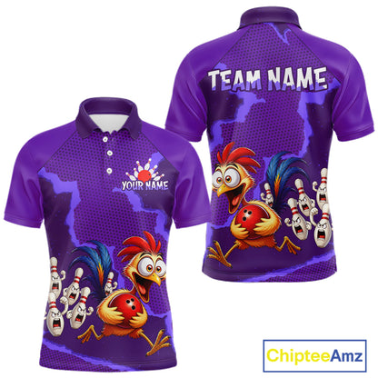 Purple Funny Chicken Bowling Team Shirt For Men, Rooster Bowling Jerseys Polo & 1/4 Zip HNT528