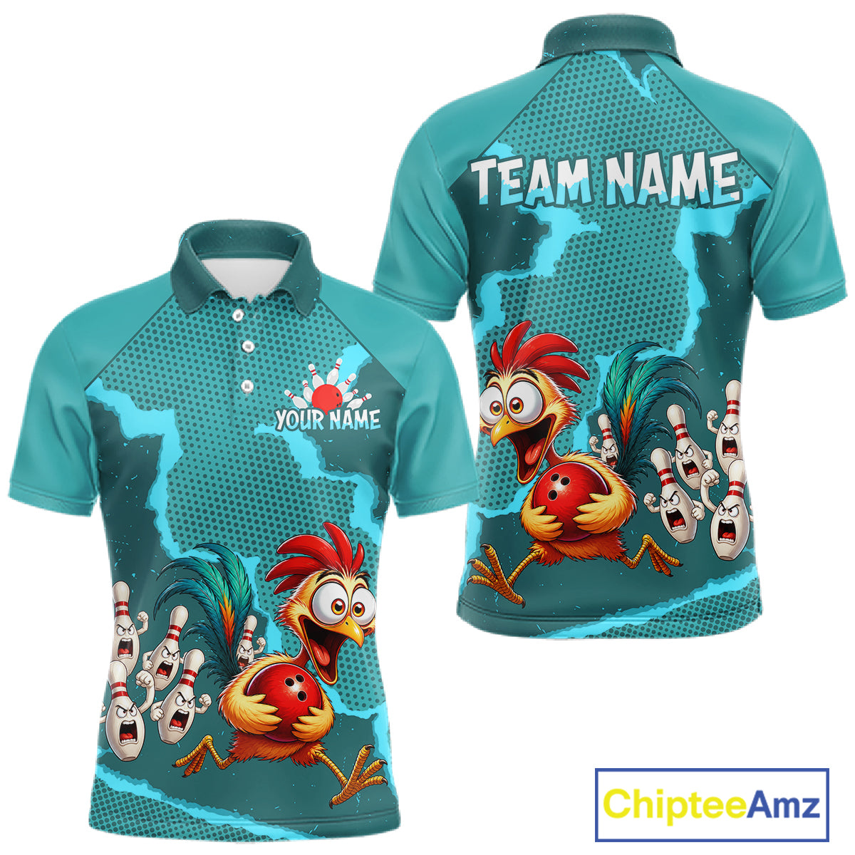Turquoise Funny Chicken Bowling Team Shirt For Men, Rooster Bowling Jerseys Polo & 1/4 Zip HNT528
