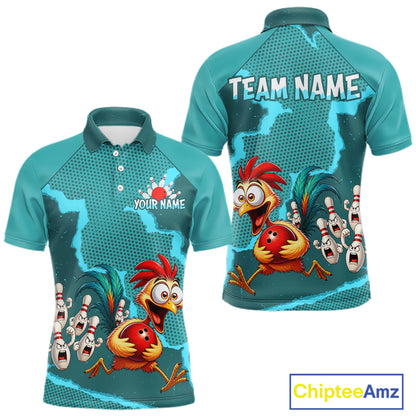 Turquoise Funny Chicken Bowling Team Shirt For Men, Rooster Bowling Jerseys Polo & 1/4 Zip HNT528