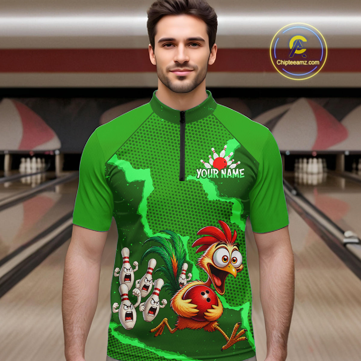 Green Funny Chicken Bowling Team Shirt For Men, Rooster Bowling Jerseys Polo & 1/4 Zip HNT528