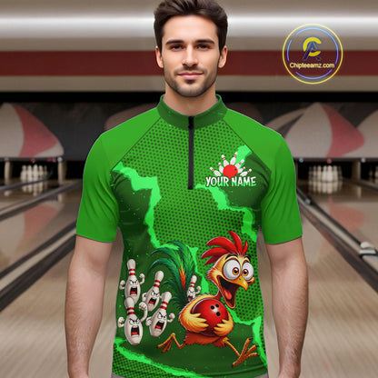 Green Funny Chicken Bowling Team Shirt For Men, Rooster Bowling Jerseys Polo & 1/4 Zip HNT528