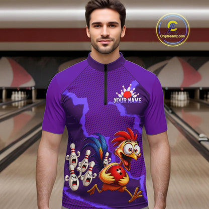 Purple Funny Chicken Bowling Team Shirt For Men, Rooster Bowling Jerseys Polo & 1/4 Zip HNT528