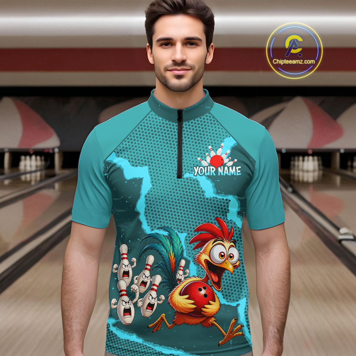 Turquoise Funny Chicken Bowling Team Shirt For Men, Rooster Bowling Jerseys Polo & 1/4 Zip HNT528