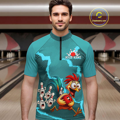 Turquoise Funny Chicken Bowling Team Shirt For Men, Rooster Bowling Jerseys Polo & 1/4 Zip HNT528