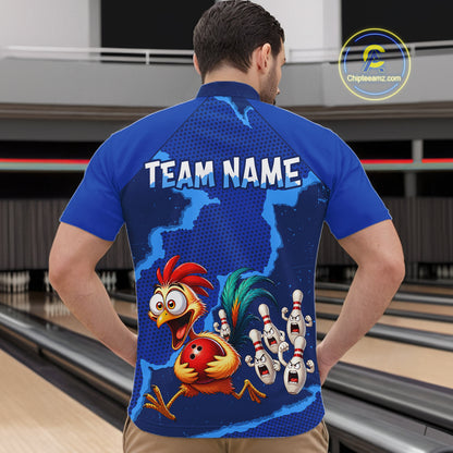 Blue Funny Chicken Bowling Team Shirt For Men, Rooster Bowling Jerseys Polo & 1/4 Zip HNT528