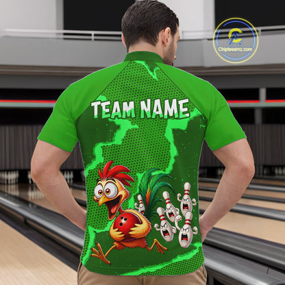 Green Funny Chicken Bowling Team Shirt For Men, Rooster Bowling Jerseys Polo & 1/4 Zip HNT528