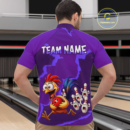 Purple Funny Chicken Bowling Team Shirt For Men, Rooster Bowling Jerseys Polo & 1/4 Zip HNT528