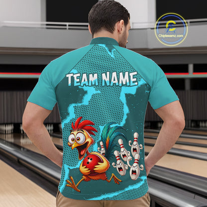 Turquoise Funny Chicken Bowling Team Shirt For Men, Rooster Bowling Jerseys Polo & 1/4 Zip HNT528
