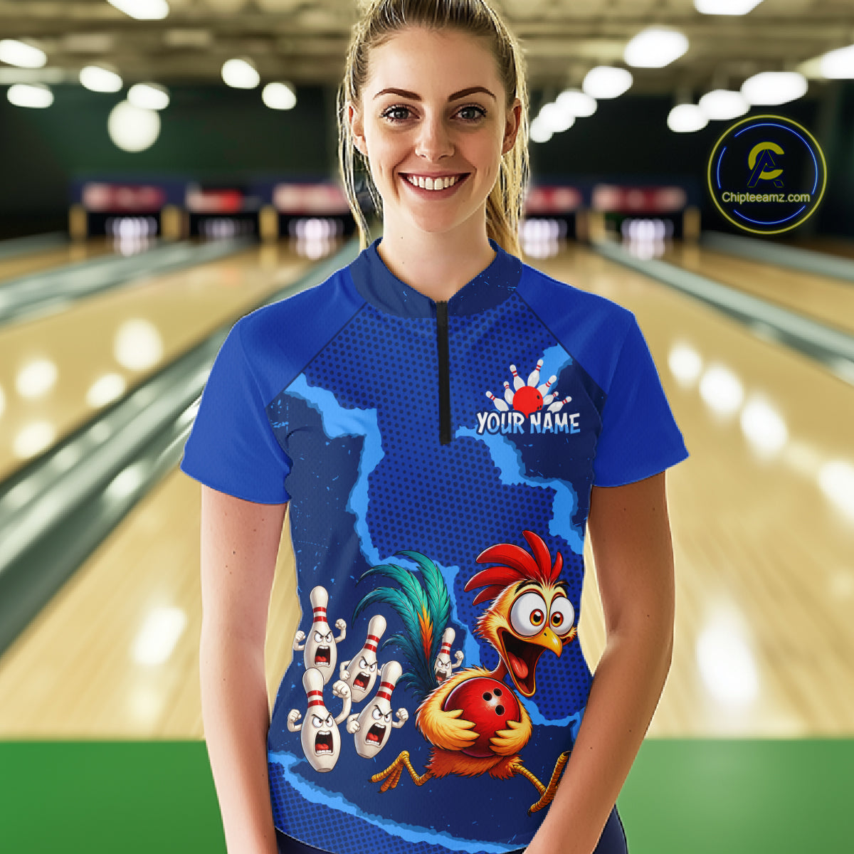 Blue Funny Chicken Bowling Team Shirt For Women, Rooster Bowling Jerseys Polo & 1/4 Zip HNT528
