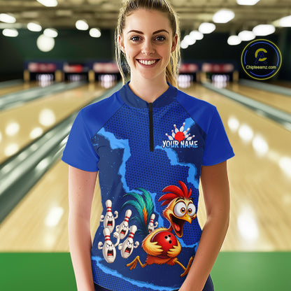 Blue Funny Chicken Bowling Team Shirt For Women, Rooster Bowling Jerseys Polo & 1/4 Zip HNT528