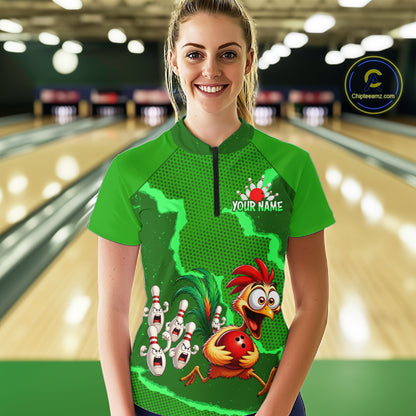 Green Funny Chicken Bowling Team Shirt For Women, Rooster Bowling Jerseys Polo & 1/4 Zip HNT528