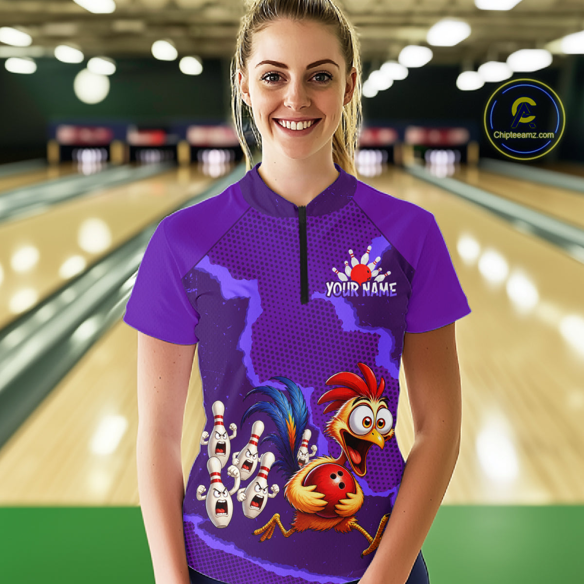 Purple Funny Chicken Bowling Team Shirt For Women, Rooster Bowling Jerseys Polo & 1/4 Zip HNT528