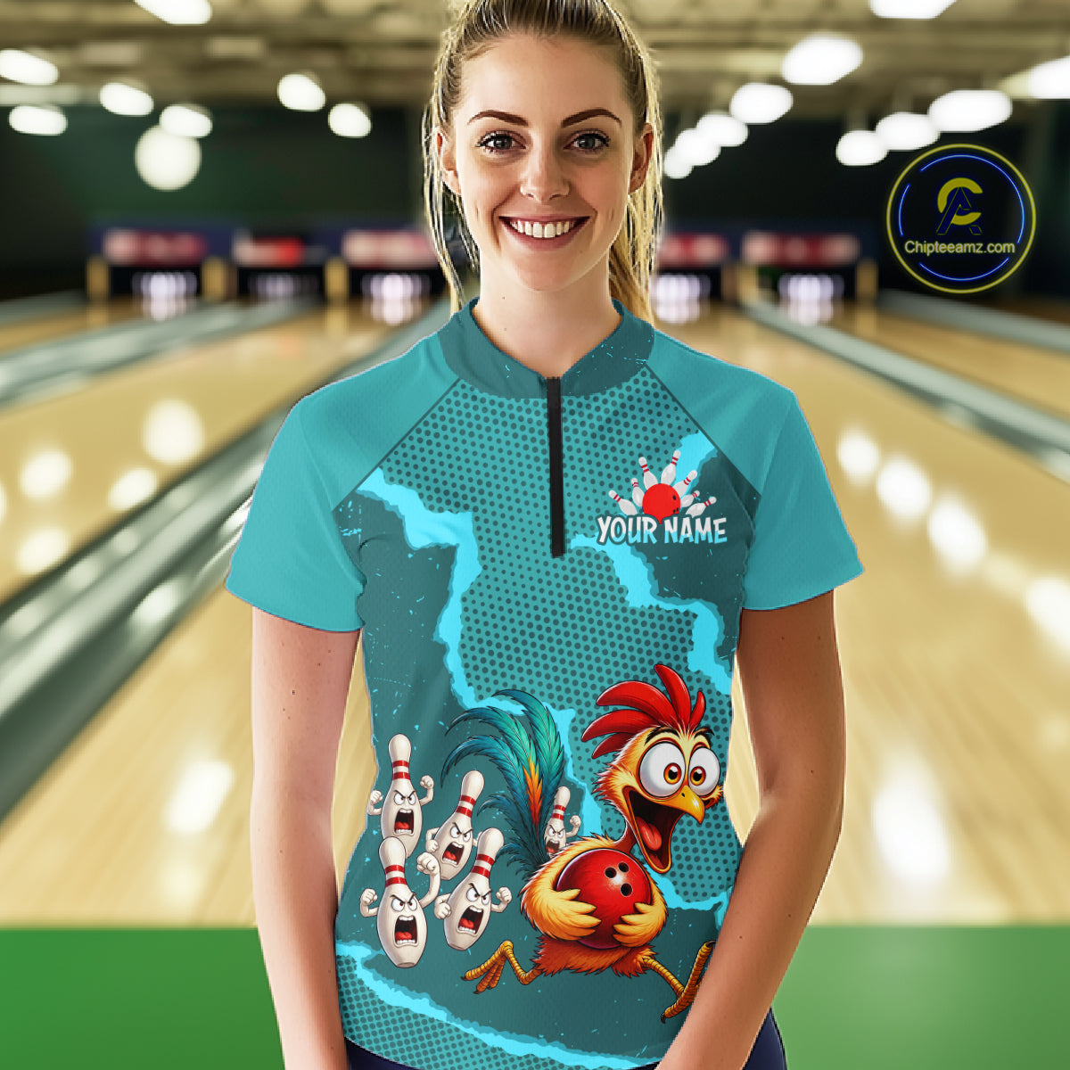 Turquoise Funny Chicken Bowling Team Shirt For Women, Rooster Bowling Jerseys Polo & 1/4 Zip HNT528
