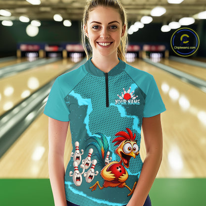 Turquoise Funny Chicken Bowling Team Shirt For Women, Rooster Bowling Jerseys Polo & 1/4 Zip HNT528