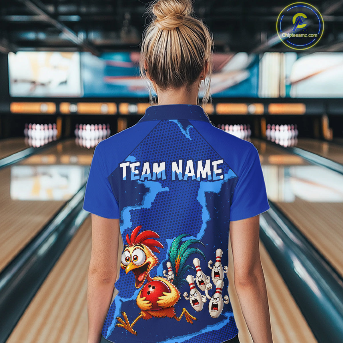 Blue Funny Chicken Bowling Team Shirt For Women, Rooster Bowling Jerseys Polo & 1/4 Zip HNT528