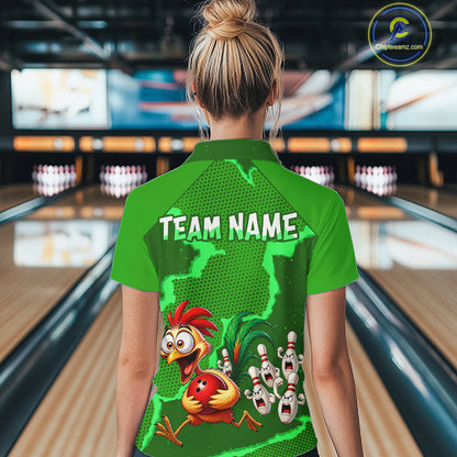 Green Funny Chicken Bowling Team Shirt For Women, Rooster Bowling Jerseys Polo & 1/4 Zip HNT528