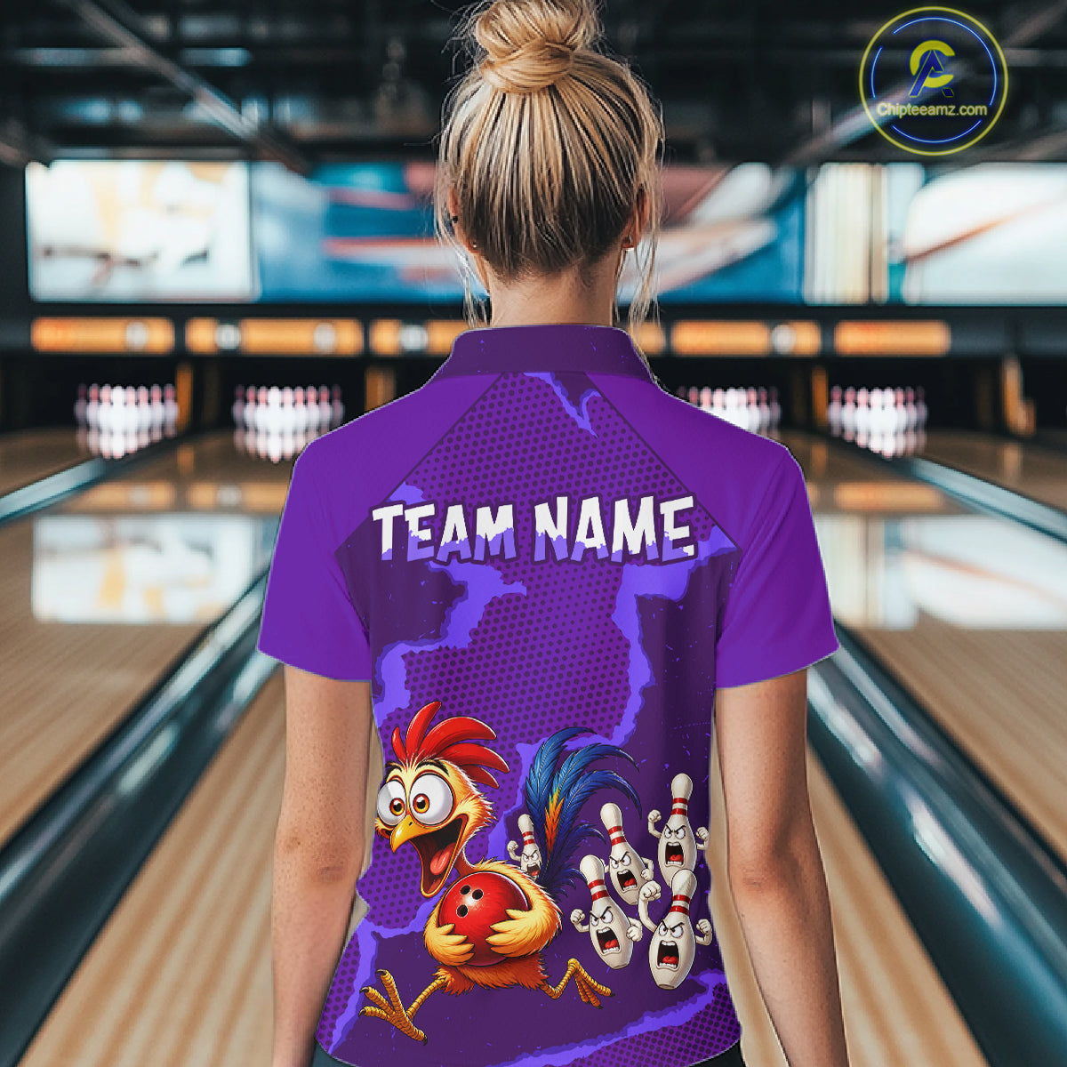 Purple Funny Chicken Bowling Team Shirt For Women, Rooster Bowling Jerseys Polo & 1/4 Zip HNT528