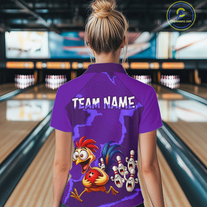 Purple Funny Chicken Bowling Team Shirt For Women, Rooster Bowling Jerseys Polo & 1/4 Zip HNT528