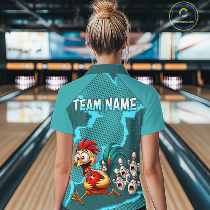Turquoise Funny Chicken Bowling Team Shirt For Women, Rooster Bowling Jerseys Polo & 1/4 Zip HNT528