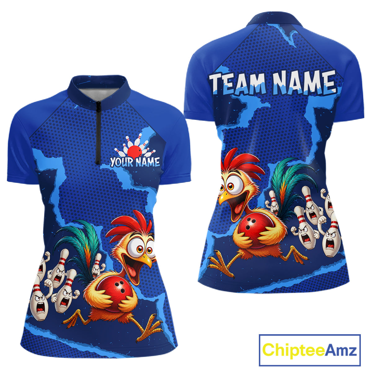 Blue Funny Chicken Bowling Team Shirt For Women, Rooster Bowling Jerseys Polo & 1/4 Zip HNT528