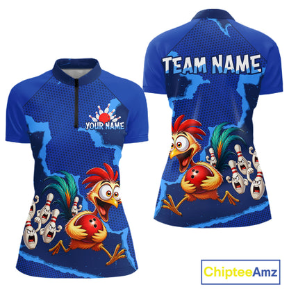 Blue Funny Chicken Bowling Team Shirt For Women, Rooster Bowling Jerseys Polo & 1/4 Zip HNT528