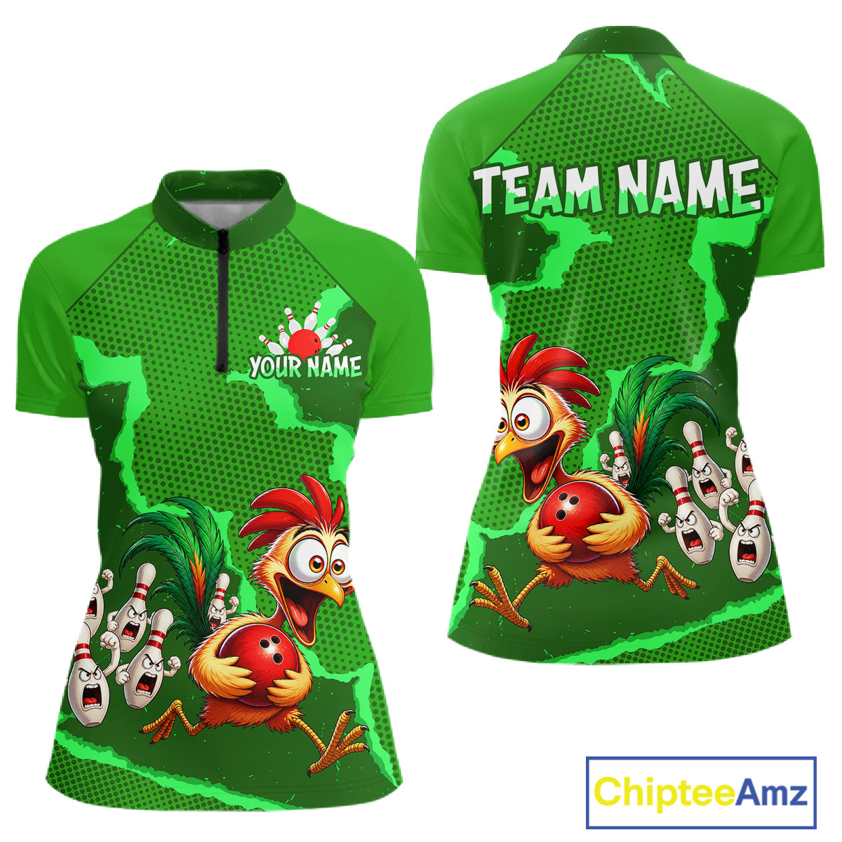 Green Funny Chicken Bowling Team Shirt For Women, Rooster Bowling Jerseys Polo & 1/4 Zip HNT528
