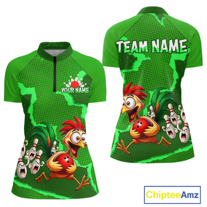 Green Funny Chicken Bowling Team Shirt For Women, Rooster Bowling Jerseys Polo & 1/4 Zip HNT528