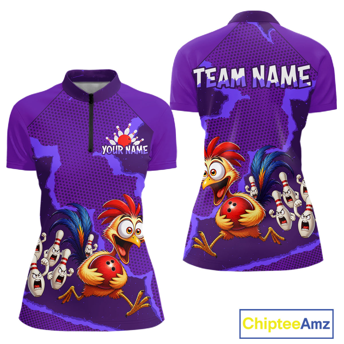 Purple Funny Chicken Bowling Team Shirt For Women, Rooster Bowling Jerseys Polo & 1/4 Zip HNT528