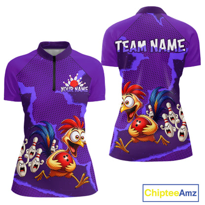 Purple Funny Chicken Bowling Team Shirt For Women, Rooster Bowling Jerseys Polo & 1/4 Zip HNT528