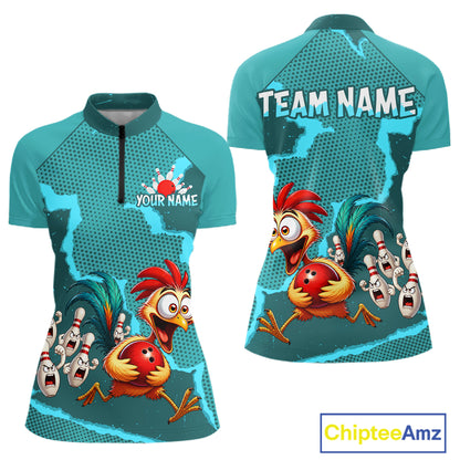 Turquoise Funny Chicken Bowling Team Shirt For Women, Rooster Bowling Jerseys Polo & 1/4 Zip HNT528