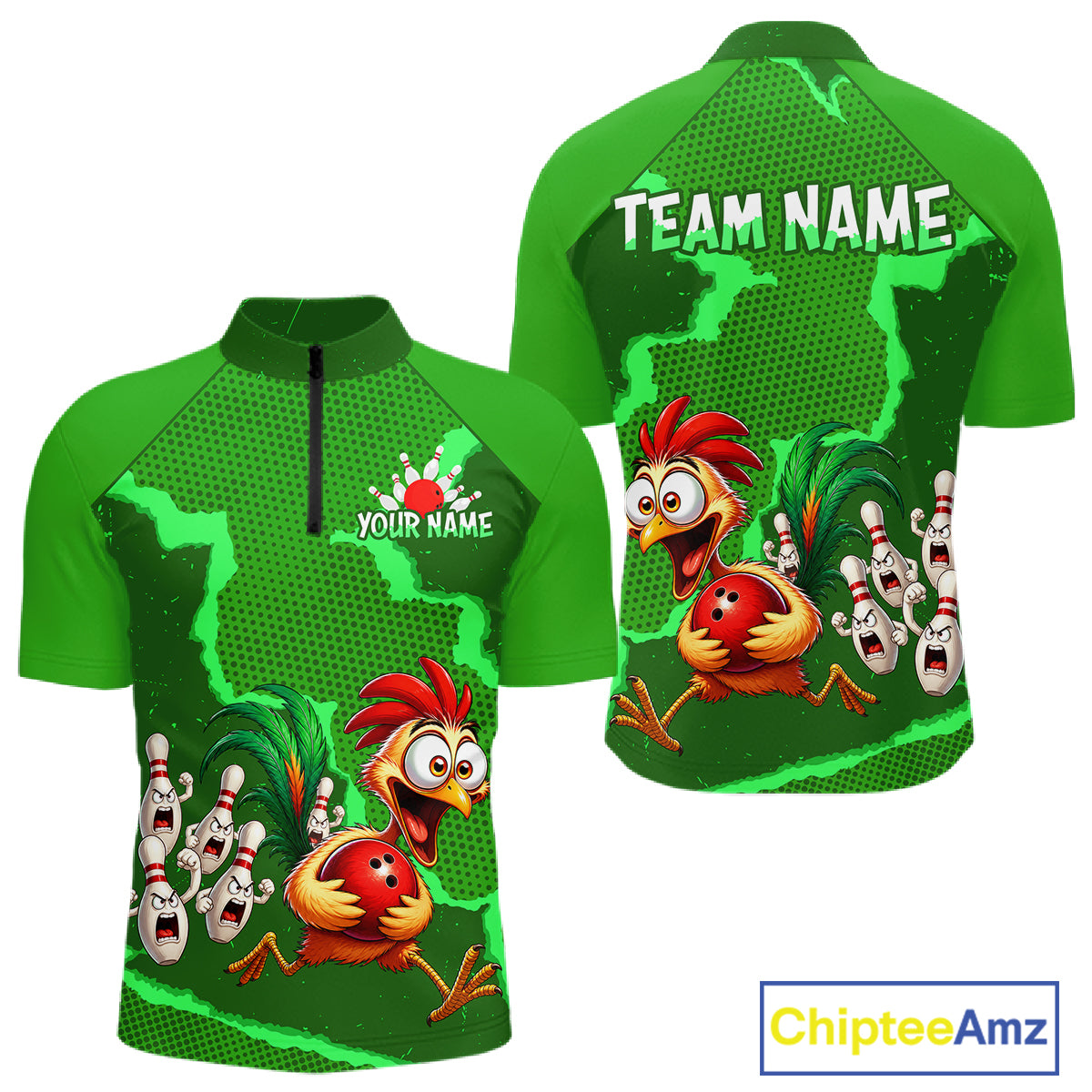 Green Funny Chicken Bowling Team Shirt For Men, Rooster Bowling Jerseys Polo & 1/4 Zip HNT528
