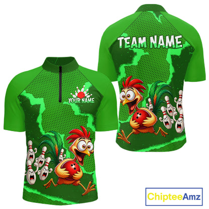 Green Funny Chicken Bowling Team Shirt For Men, Rooster Bowling Jerseys Polo & 1/4 Zip HNT528
