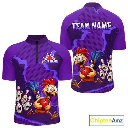 Purple Funny Chicken Bowling Team Shirt For Men, Rooster Bowling Jerseys Polo & 1/4 Zip HNT528