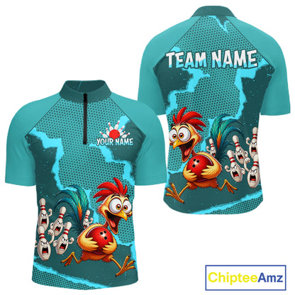Turquoise Funny Chicken Bowling Team Shirt For Men, Rooster Bowling Jerseys Polo & 1/4 Zip HNT528