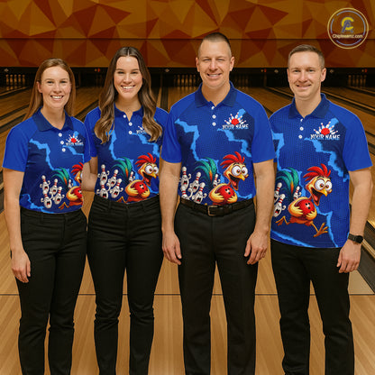 Blue Funny Chicken Bowling Team Shirt For Women, Rooster Bowling Jerseys Polo & 1/4 Zip HNT528