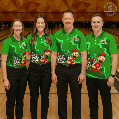 Green Funny Chicken Bowling Team Shirt For Women, Rooster Bowling Jerseys Polo & 1/4 Zip HNT528
