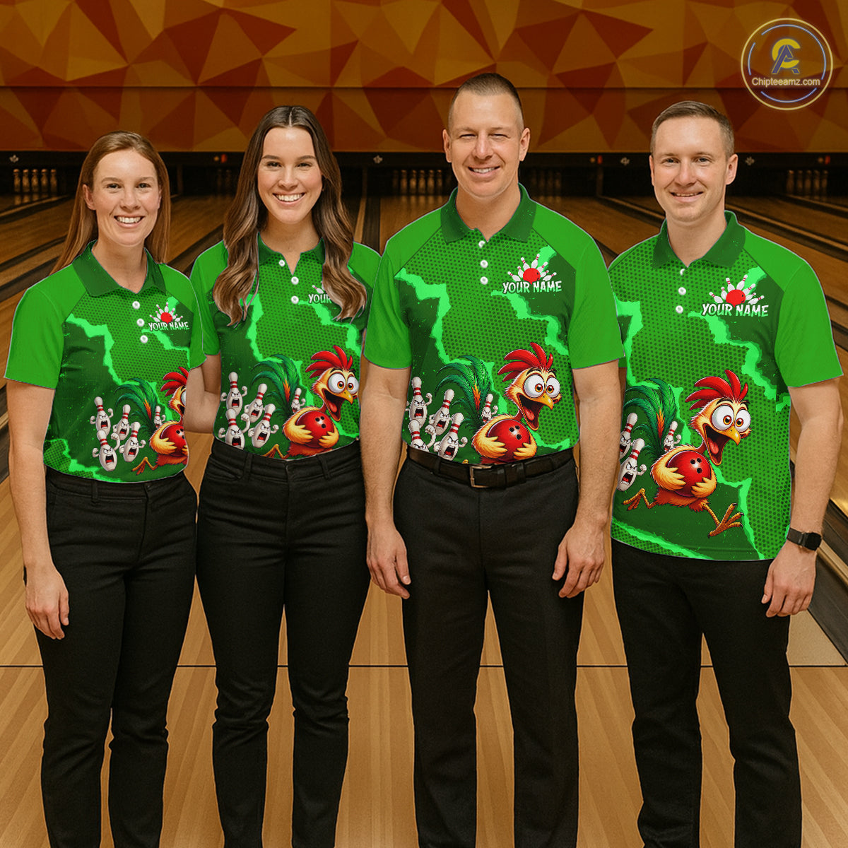 Green Funny Chicken Bowling Team Shirt For Men, Rooster Bowling Jerseys Polo & 1/4 Zip HNT528