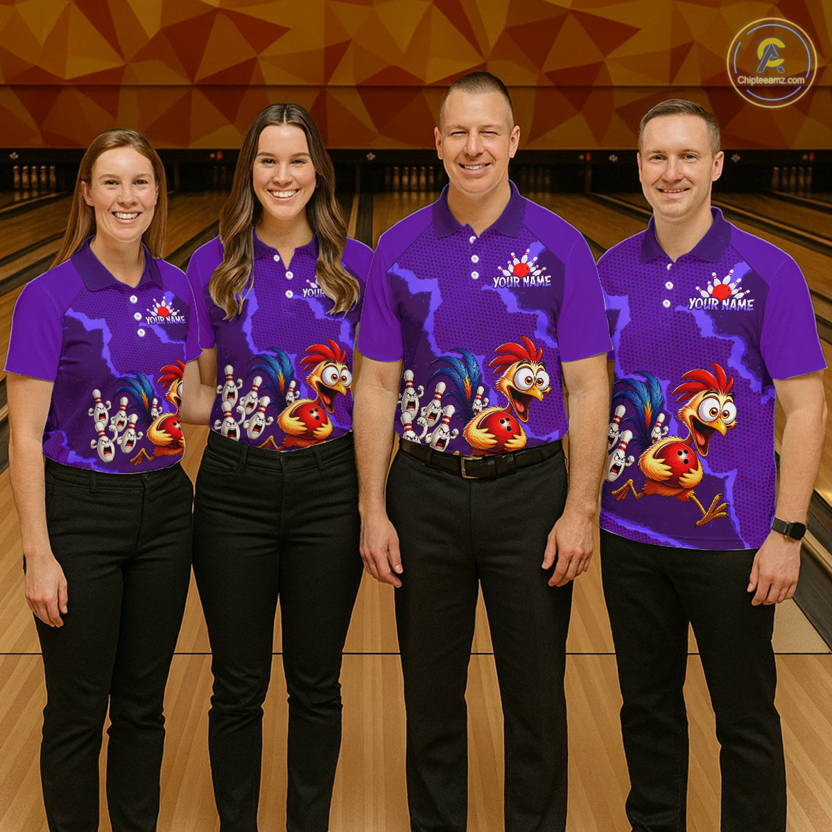 Purple Funny Chicken Bowling Team Shirt For Women, Rooster Bowling Jerseys Polo & 1/4 Zip HNT528