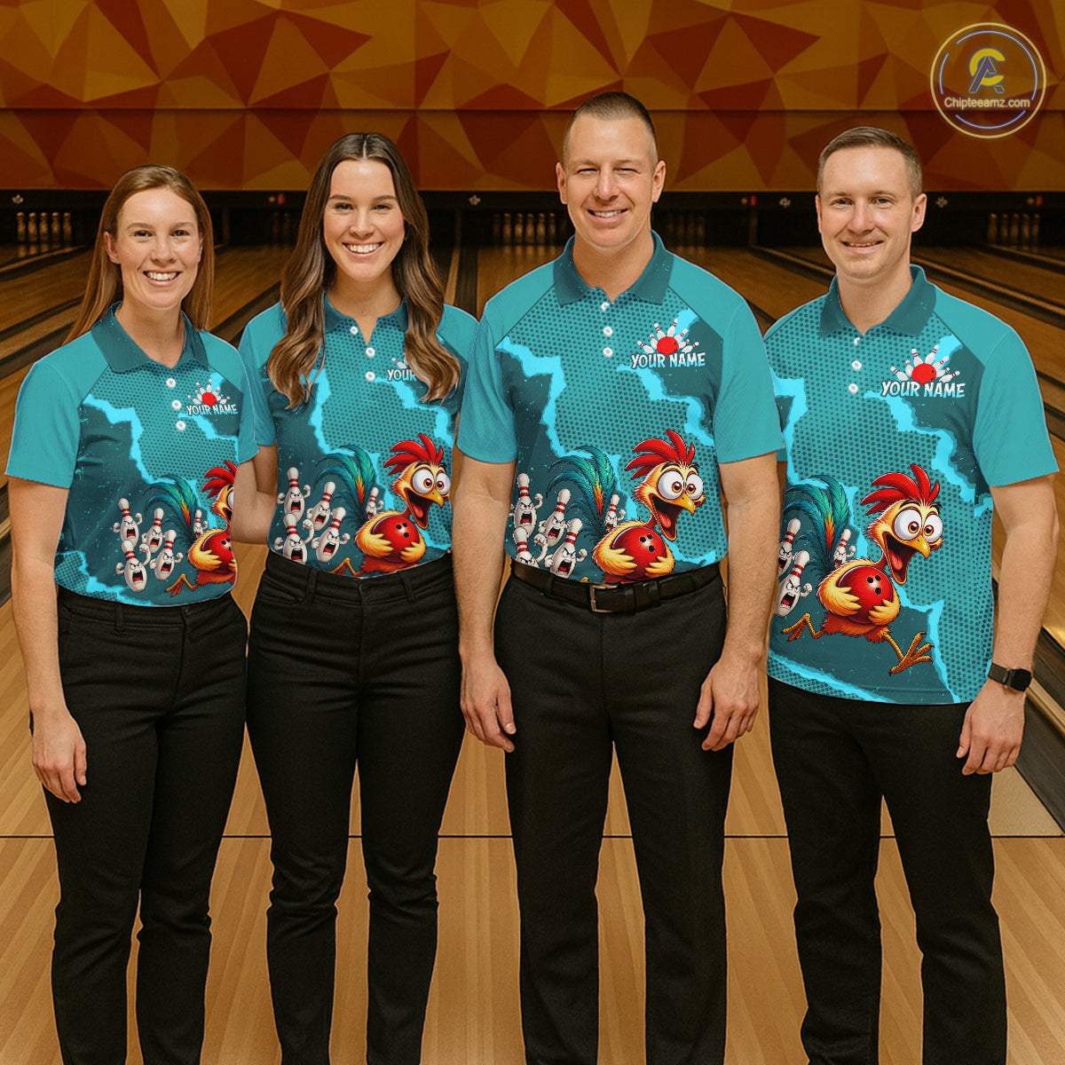 Turquoise Funny Chicken Bowling Team Shirt For Men, Rooster Bowling Jerseys Polo & 1/4 Zip HNT528