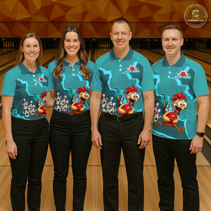 Turquoise Funny Chicken Bowling Team Shirt For Men, Rooster Bowling Jerseys Polo & 1/4 Zip HNT528