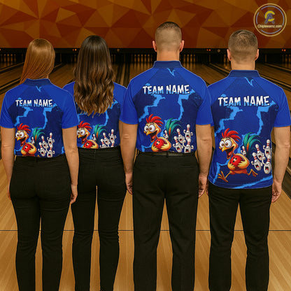 Blue Funny Chicken Bowling Team Shirt For Women, Rooster Bowling Jerseys Polo & 1/4 Zip HNT528