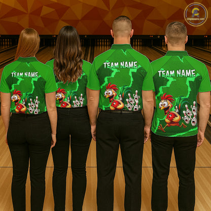 Green Funny Chicken Bowling Team Shirt For Men, Rooster Bowling Jerseys Polo & 1/4 Zip HNT528
