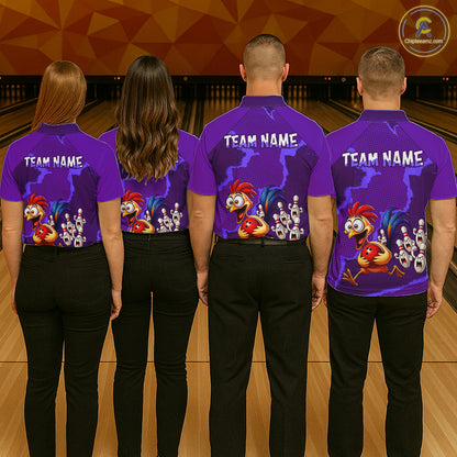 Purple Funny Chicken Bowling Team Shirt For Women, Rooster Bowling Jerseys Polo & 1/4 Zip HNT528