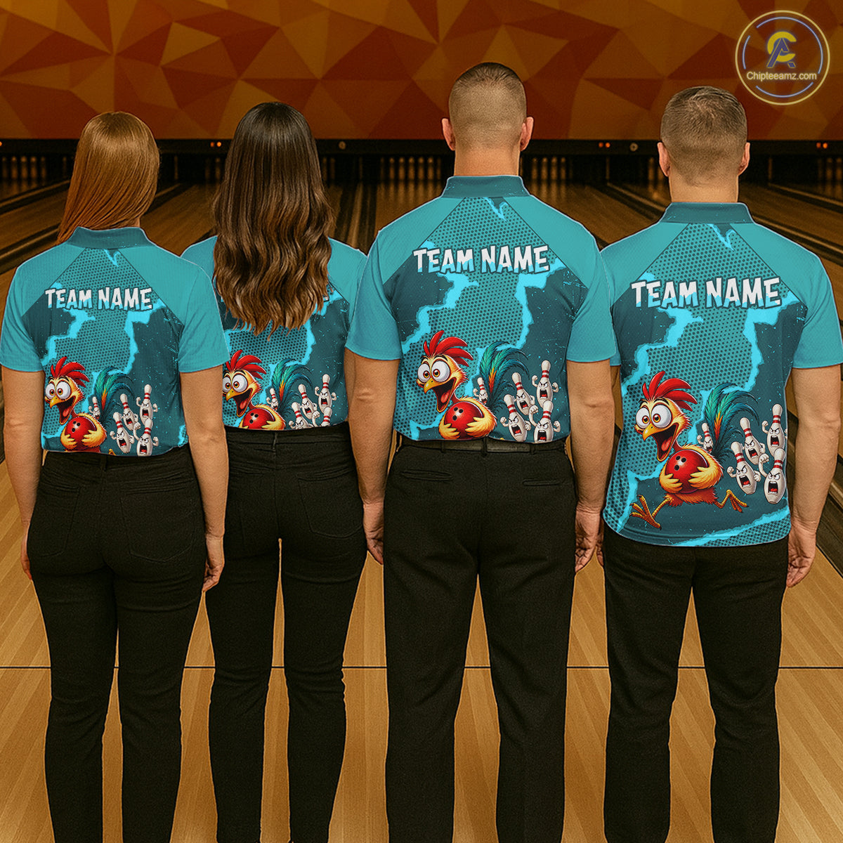 Turquoise Funny Chicken Bowling Team Shirt For Men, Rooster Bowling Jerseys Polo & 1/4 Zip HNT528